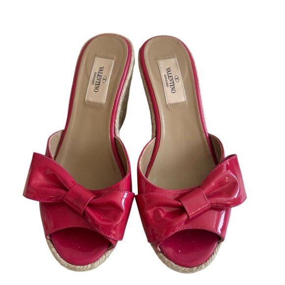 VALENTINO Pink Bow Patent Leather Espadrille Wedges Sandals Size 37.5 - Picture 8 of 10